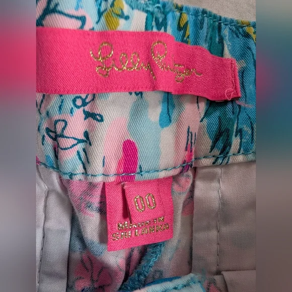 Lilly Pulitzer Blue Floral Print Bermuda Shorts with Pink & Green Accents - Picture 6 of 10